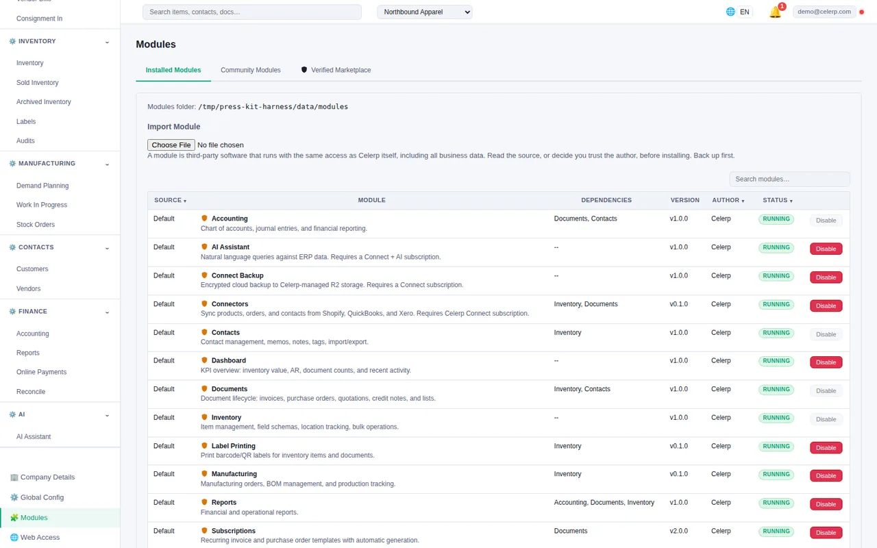 Celerp's Modules screen, listing built-in business modules like Accounting, Inventory, and Manufacturing, each running.