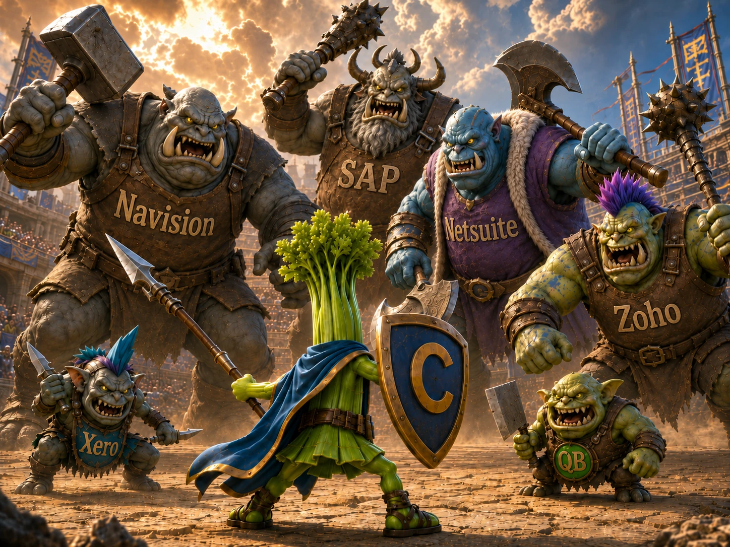 A celery knight carrying a Celerp shield, standing against a horde of towering ERP giants