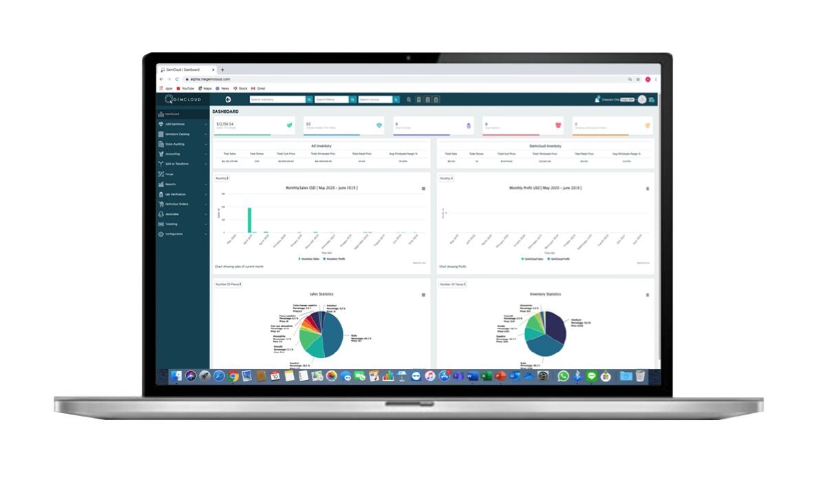 GemCloud dashboard showing inventory statistics and sales charts